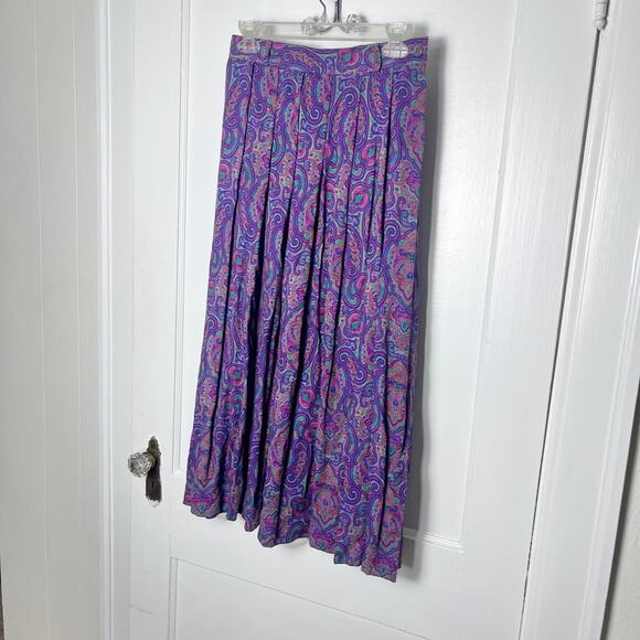 Vintage 90s Liz Claiborne Purple Paisley Floral Pleated Swing Midi Skirt Size 8 - Picture 1 of 6